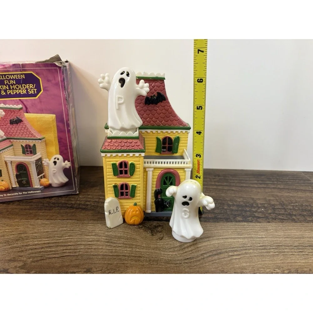 Halloween Fun Haunted House Napkin Holder & Ghost Salt & Pepper Shakers BROKE